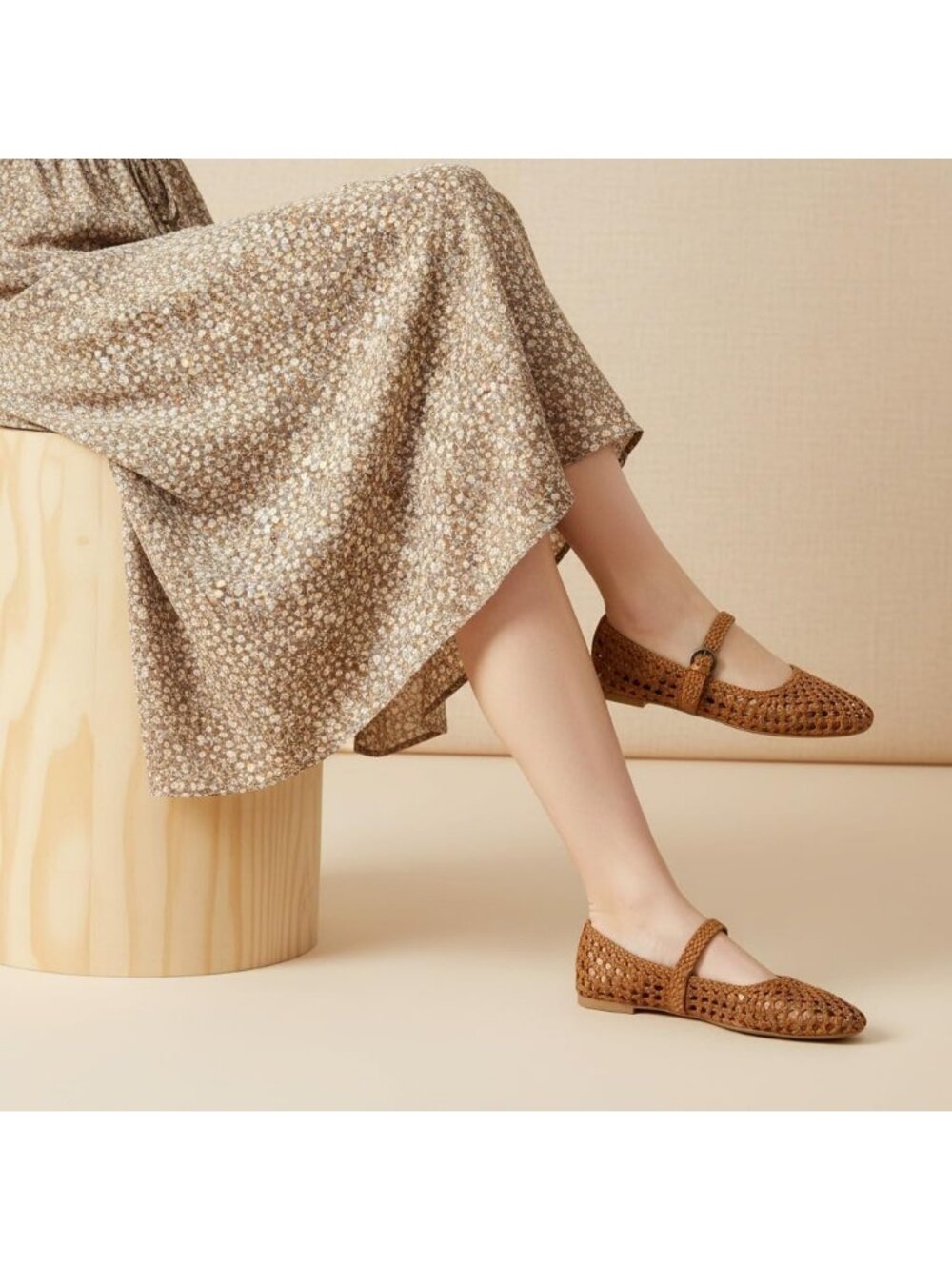 Women's Cognac Woven Comfortable Braided Adjustable Buckle Mary Jane Ballet Flat - Picture 3 of 6